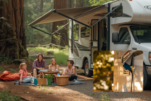 Family having a picnic next to a fully hooked-up RV in a redwood forest